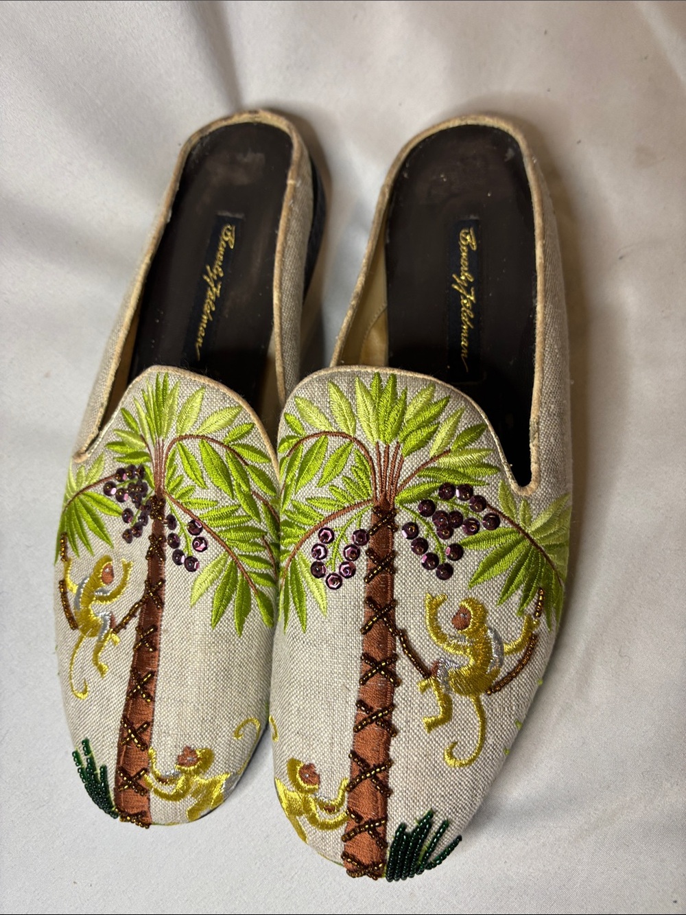Beverly Feldman flat mules linen tropical monkey and palm tree embroidery 9 - Picture 2 of 9